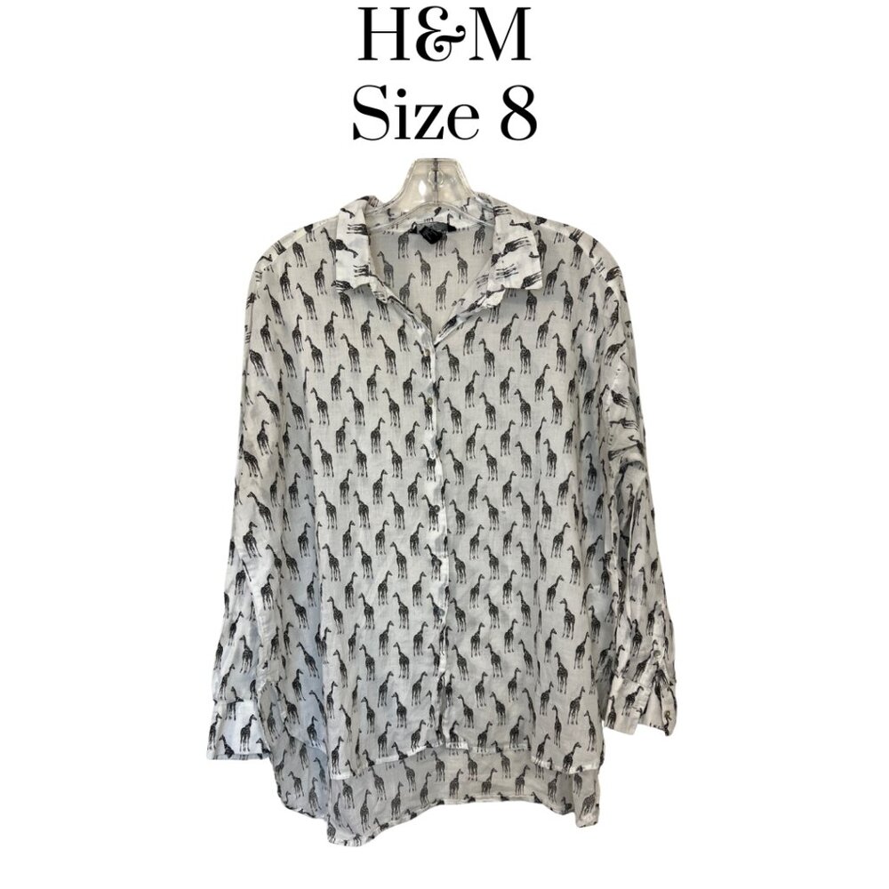 H&M Sheer Cotton Giraffe Print Button Down Shirt Women’s Black White Size 8